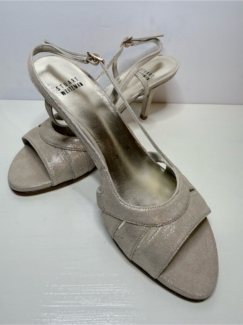 Stuart Weitzman “Mischievous” Metallic Dune Cipria Slingback Heels Size 8
